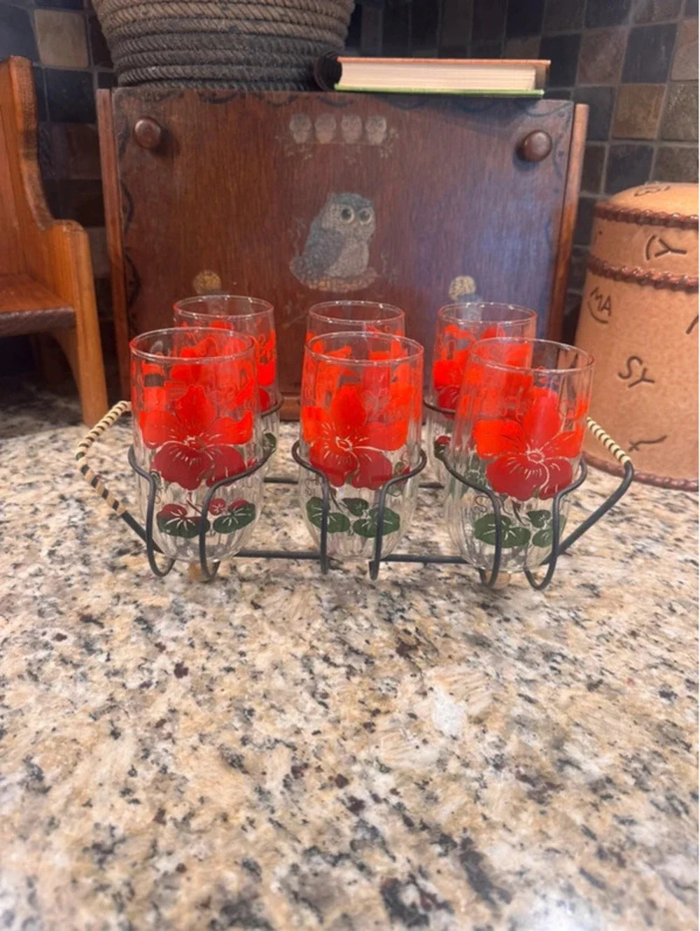 Vintage MCM red and green hibiscus juice glasses with carrier